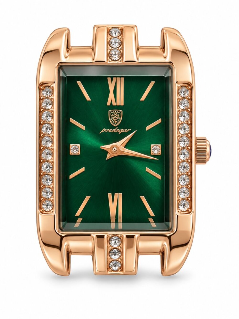 POEDAGAR Green Dial Rose Gold Crystal Watch Genuine Leather Strap New